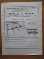 LAVABOS EN ACIER   - Ateliers De Montreuil Rue Leclaire  - Page Catalogue Technique De 1925 (Dims Env 22 X 30 Cm) - Architecture