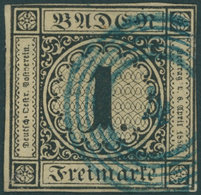 BADEN 1a BrfStk, 1851, 1 Kr. Schwarz Auf Sämisch Mit Blauem Nummernstempel 4 (AGLASTERHAUSEN), Pracht, Gepr. Seeger, Mi. - Autres & Non Classés