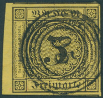 BADEN 2a O, 1851, 3 Kr. Schwarz Auf Orangegelb, Linkes Randstück, Nummernstempel 95, Riesenrandig, Kabinett, Gepr. Grobe - Other & Unclassified