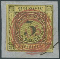 BADEN 2b BrfStk, 1852, 3 Kr. Schwarz Auf Gelb Mit Zentrischem Roten Nummernstempel 115 (RASTATT), Kabinettbriefstück, Ge - Otros & Sin Clasificación