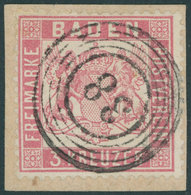 BADEN 16 BrfStk, 1862, 3 Kr. Rosakarmin, Nummernstempel 38, Kabinettbriefstück, Gepr. Pfenninger, Mi. (350.-) - Otros & Sin Clasificación