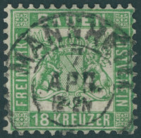 BADEN 21a O, 1862, 18 Kr. Grün, Zentrischer K2 MANNHEIM, Kleine Korrektur Sonst Pracht, Fotobefund Flemming, Mi. 700.- - Autres & Non Classés