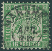 BADEN 21a O, 1862, 18 Kr. Grün, Zentrischer K2 MANNHEIM, Kleine Korrektur Sonst Pracht, Fotobefund Flemming, Mi. 700.- - Sonstige & Ohne Zuordnung