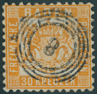 BADEN 22b O, 1862, 30 Kr. Dunkelgelblichorange, Zentrischer Nummernstempel 8, Kleine Korrektur, Wie Pracht, Gepr. Seeger - Otros & Sin Clasificación