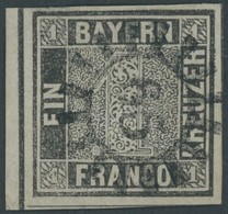 BAYERN 1Ia O, 1849, 1 Kr. Schwarzgrau, Platte 1, Zentrischer MR-Stempel 65 (Eggenfelden), Allseits Voll-breitrandig, Lin - Autres & Non Classés