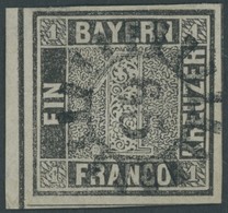 BAYERN 1Ia O, 1849, 1 Kr. Schwarzgrau, Platte 1, Zentrischer MR-Stempel 65 (Eggenfelden), Allseits Voll-breitrandig, Lin - Altri & Non Classificati