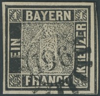 BAYERN 1Ib O, 1849, 1 Kr. Tiefschwarz, Platte 1, MR-Stempel 196, Allseits Voll-breitrandig, Rechts Mit Schnittlinie, Unt - Otros & Sin Clasificación