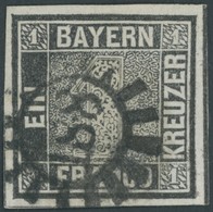 BAYERN 1IIa O, 1850, 1 Kr. Schwarzgrau, Platte 2, MR-Stempel 188, Voll-breitrandig, Rechts Mit Schnittlinie, Leichte Kni - Autres & Non Classés