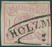 BRAUNSCHWEIG 1 O, 1852, 1 Sgr. Karmin, Schnallenstempel HOLZMINDEN, Senkrechte Bugspur Sonst Pracht, Mi. 400.- - Braunschweig