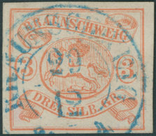 BRAUNSCHWEIG 3 O, 1852, 3 Sgr. Orangerot, Blauer K2, Pracht, Gepr. Pfenninger, Mi. 350.- - Braunschweig