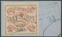 BRAUNSCHWEIG 3 BrfStk, 1852, 3 Sgr. Orangerot Auf Briefstück (Marke Zur Kontrolle Gelöst Und Mit Falz Befestigt), Blauer - Braunschweig