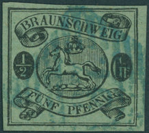 BRAUNSCHWEIG 10A O, 1863, 1/2 Gr. Schwarz Auf Lebhaftgraugrün, Pracht, Gepr. Lange, Mi. 500.- - Brunswick