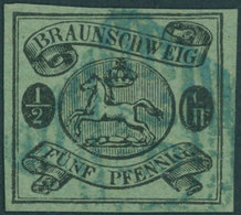 BRAUNSCHWEIG 10A O, 1863, 1/2 Gr. Schwarz Auf Lebhaftgraugrün, Pracht, Gepr. Lange, Mi. 500.- - Braunschweig