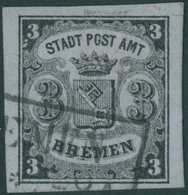 BREMEN 1y O, 1855, 3 Gr. Schwarz Auf Blaugrau, Waagerecht Gestreiftes Papier, Type III, Pracht, Gepr. Bühler, Mi. 350.- - Bremen