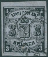 BREMEN 1y O, 1855, 3 Gr. Schwarz Auf Blaugrau, Waagerecht Gestreiftes Papier, Type II, K2 ST.P.A. BREMEN, 2 Winzige Stoc - Bremen