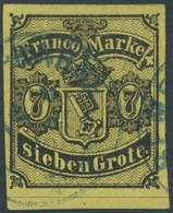 BREMEN 3a O, 1860, 7 Gr. Schwarz Auf Rötlichgelb, Blauer K1 BREMEN-BAHNF., Unterrandstück, Kabinett, Fotoattest Bühler - Bremen