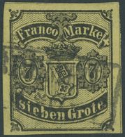 BREMEN 3b O, 1860, 7 Gr. Schwarz Auf Gelboliv, Zwei Kleine Rückseitige Schürfungen Sonst Farbfrisch Pracht, Gepr. W. Eng - Bremen