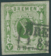 BREMEN 4b O, 1861, 5 Sgr. Moosgrün, Unten Rechts Etwas Knapp Sonst Pracht, Signiert, Mi. 380.- - Bremen