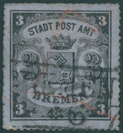 BREMEN 6x O, 1864, 3 Gr. Schwarz Auf Graublau, Senkrecht Gestreiftes Papier, Type III, R2 Und Rötel, Kleine Helle Stelle - Bremen