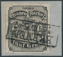 BREMEN 7B BrfStk, 1862, 5 Gr. Schwarz Auf Hellkarmingrau, Durchstich D 1II, Type II, Prachtbriefstück, Gepr. Grobe, Mi.  - Bremen