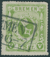 BREMEN 9a O, 1865, 5 Sgr. Gelbgrün, Pracht, Signiert, Mi. 250.- - Bremen