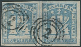 HAMBURG 8g Paar O, 1864, 11/4 S. Stumpfblau Im Waagerechten Paar, Fotoattest Jakubek: Rückseite Beschädigt. Bildseitig A - Hamburg