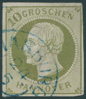 HANNOVER 18 O, 1861, 10 Gr. Dunkelgrünlicholiv, Blauer K2 HARBURG, Pracht, Fotobefund Berger, Mi. 1700.- - Hannover