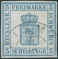 MECKLENBURG SCHWERIN 3 O, 1856, 5 S. Blau, Pracht, Gepr. Pfenninger, Mi. 400.- - Mecklenburg-Schwerin