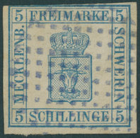 MECKLENBURG SCHWERIN 3 O, 1856, 5 S. Blau, Mit Bläulichem Punktstempel Von ROSTOCK, Feinst, Gepr. W. Engel - Mecklenburg-Schwerin