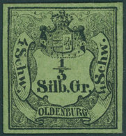 OLDENBURG 1 *, 1855, 1/3 Sgr. Schwarz Auf Grünoliv, Falzreste, Kleine Schürfung, Feinst, Signiert, Mi. 1500.- - Oldenburg
