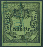 OLDENBURG 1 O, 1855, 1/3 Sgr. Schwarz Auf Grünoliv, Blauer R2 WESTERSTEDE, Pracht, Gepr. Brettl, Mi. 1300.- - Oldenbourg