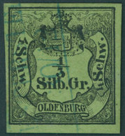 OLDENBURG 1 O, 1855, 1/3 Sgr. Schwarz Auf Grünoliv, Blauer R2 WESTERSTEDE, Pracht, Gepr. Brettl, Mi. 1300.- - Oldenburg