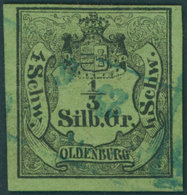 OLDENBURG 1 O, 1855, 1/3 Sgr. Schwarz Auf Grünoliv, Blauer R2, Feinst (oben Winziger Einschnitt), Gepr. U.a. Berger, Mi. - Oldenburg