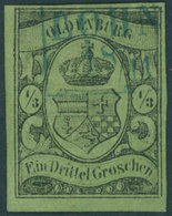 OLDENBURG 5 O, 1859, 1/3 Gr. Schwarz Auf Grünlicholiv, Blauer R2 LOHNE, Falzdünne Stelle Sonst Pracht, Gepr. Pfenninger  - Oldenburg