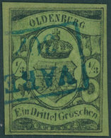 OLDENBURG 5 O, 1859, 1/3 Gr. Schwarz Auf Grünlicholiv, Blauer R2 VAREL, Repariert Wie Pracht, Gepr. U.a. Bühler, Mi. (36 - Oldenburg