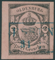OLDENBURG 7 O, 1859, 2 Gr. Schwarz Auf Mattrötlichkarmin, Blauer R2 ESSEN, Allseits Riesenrandig, Kabinett, Gepr. Pfenni - Oldenbourg
