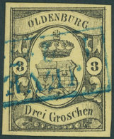 OLDENBURG 8 O, 1859, 3 Gr. Schwarz Auf Graugelb, Blauer R2 JEVER, Pracht, Gepr. Brettl, Mi. 750.- - Oldenbourg