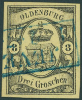 OLDENBURG 8 O, 1859, 3 Gr. Schwarz Auf Graugelb, Blauer R2 JEVER, Pracht, Gepr. Brettl, Mi. 750.- - Oldenburg