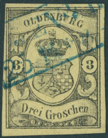 OLDENBURG 8 O, 1859, 3 Gr. Schwarz Auf Graugelb, Blauer R2 JEVER, Pracht, Gepr. Brettl, Mi. 750.- - Oldenburg