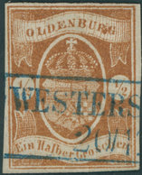 OLDENBURG 11b O, 1861, 1/2 Gr. Dunkelbraun, Blauer R2 WESTERSTEDE, Pracht, Gepr. Pfenninger Und Brettl, Mi. 650.- - Oldenbourg