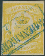 OLDENBURG 14 O, 1861, 3 Gr. Graugelb, Blauer R2 HOHENKIRCHEN, Pracht, Fotoattest Berger, Mi. (550.-) - Oldenbourg