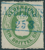 OLDENBURG 15A O, 1862, 1/3 Gr. Schwärzlichgelblichgrün, Durchstich 11 3/4, Blauer R2 ABBEHAUSEN, Pracht, Mi. 240.- - Oldenbourg