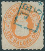 OLDENBURG 16B O, 1862, 1/2 Gr. Orange, Durchstich 10, Falzdünne Stelle Sonst Pracht, Gepr. U.a. Kauert, Mi. 450.- - Oldenbourg