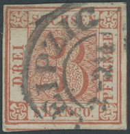 SACHSEN 1a O, 1850, 3 Pf. Rot, K2 LEIPZIG, Stark Repariert, Gepr. Pröschold, Mi. (8500.-) - Sachsen