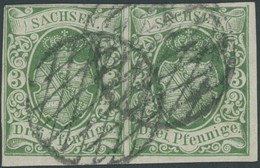 SACHSEN 2Ia Paar O, 1851, 3 Pf. Saftiggrün, Erste Auflage, Im Waagerechten Paar Aus Der Rechten Unteren Bogenecke, Erste - Saxony