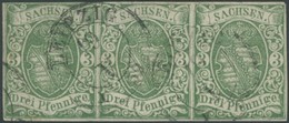 SACHSEN 2IIa O, 1851, 3 Pf. Saftiggrün Im Waagerechten Dreierstreifen, K1 LEIPZIG, Oben Teils Etwas Knapp Sowie Leichte  - Sachsen