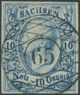 SACHSEN 13a O, 1856, 10 Ngr. Milchblau, Idealer Zentrischer Nummernstempel 65 (HERRNHUT), Luxusstück, Gepr. Opitz - Saxony