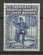 ENGLAND Great Britain 1933 20th Philatelic Congress (*) London Vignette Advertising Stamp - Cinderellas