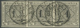 WÜRTTEMBERG 1b O, 1851, 1 Kr. Schwarz Auf Sämisch, Type III, Im Waagerechten Dreierstreifen, K3 GLÜGLINGEN, Rechts Marke - Sonstige & Ohne Zuordnung