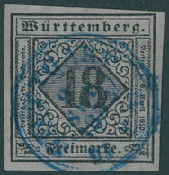 WÜRTTEMBERG 5I O, 1851, 18 Kr. Schwarz Auf Bläulichviolett, Type I, Zentrischer Blauer K3, Minimale Knitterspuren Sonst  - Sonstige & Ohne Zuordnung